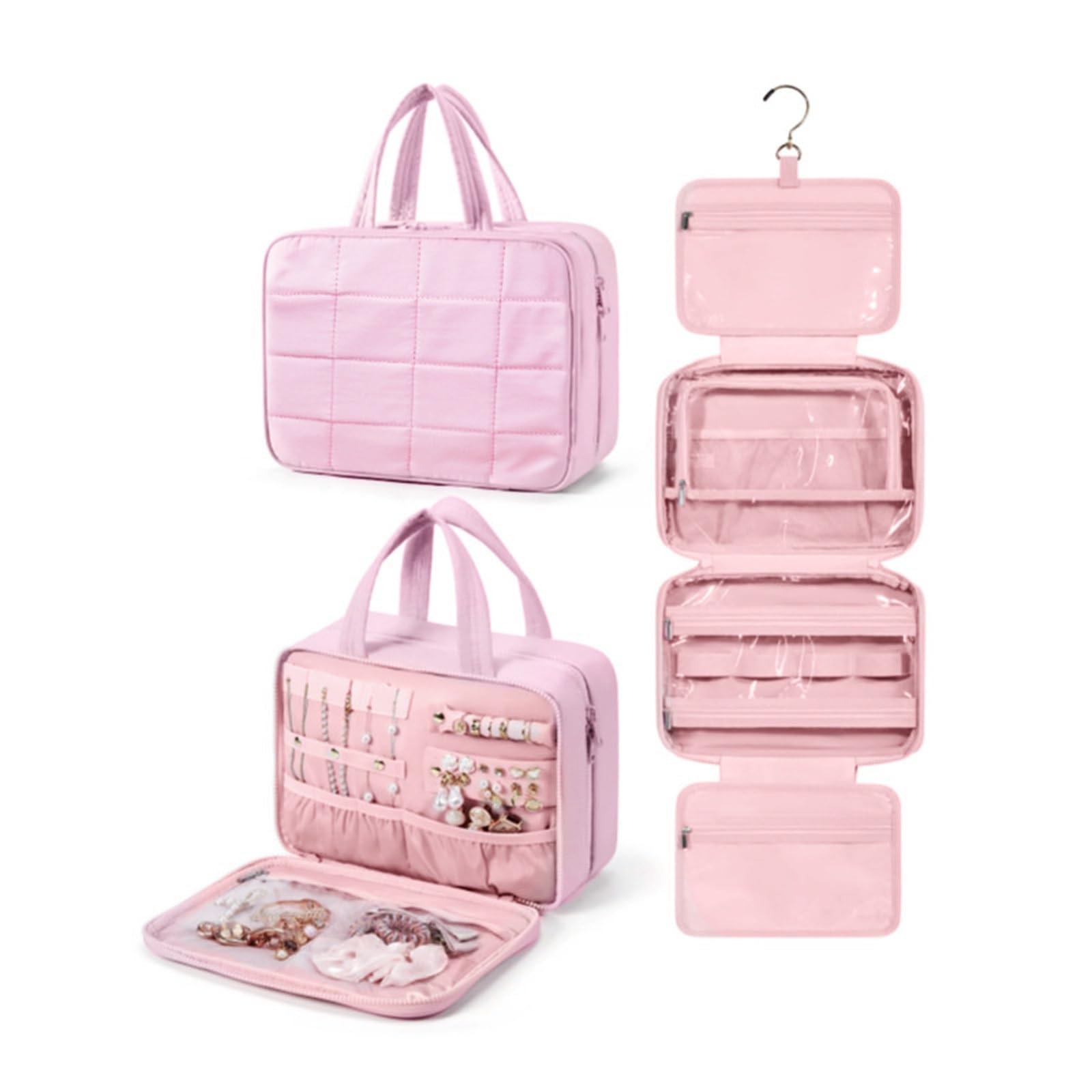 Wisząca kosmetyczka, podróżna torba na pranie z organizerem na biżuterię, wisząca torba na pranie, kosmetyczka, organizer, torba podróżna, różowy, 31x12x23cm