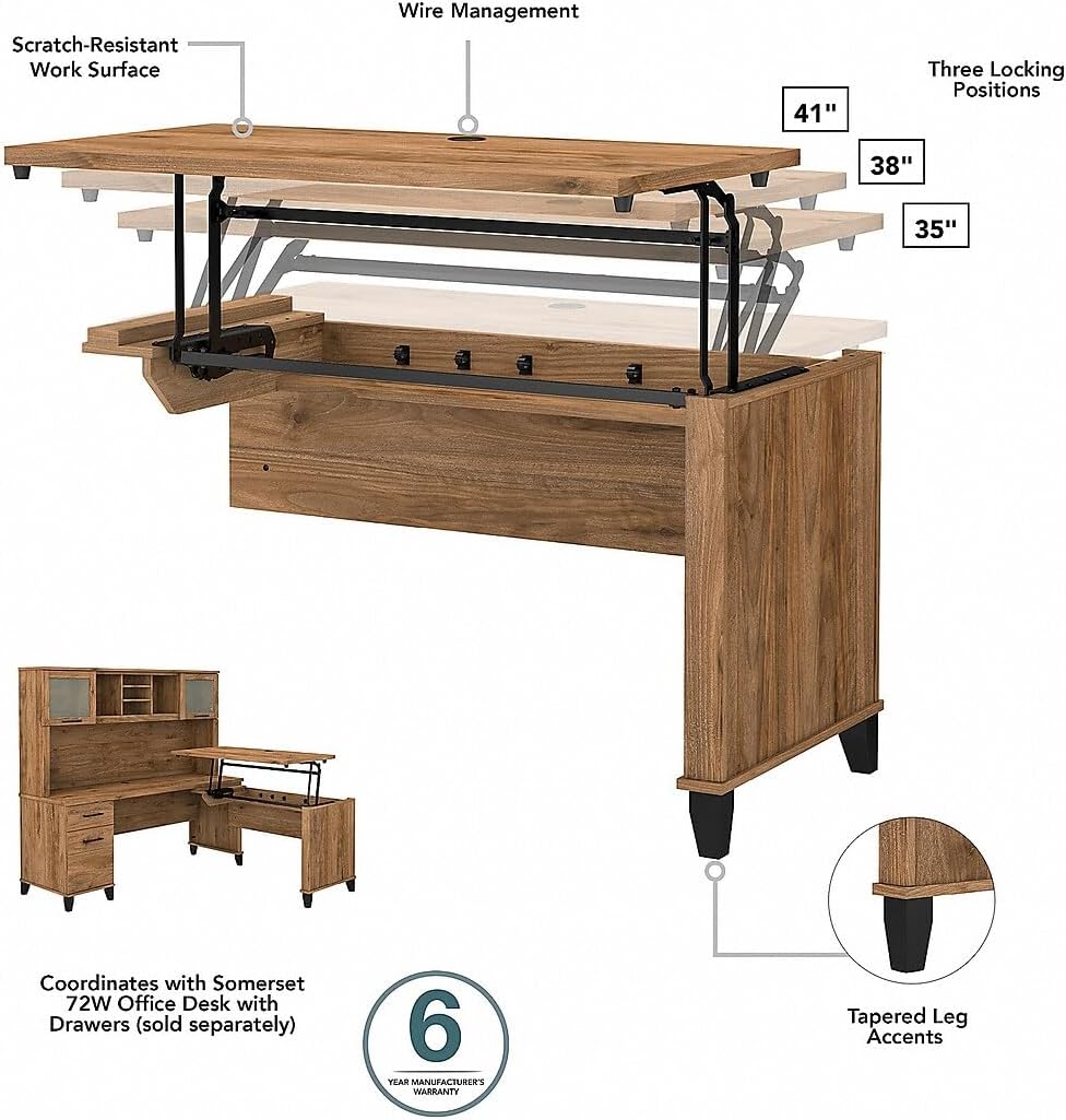 Bush Home Somerset 72W 3 Position Sit to Stand L Shaped Desk with Hutch and File Cabinet in Fresh Walnut