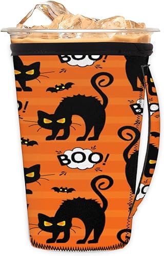 Funda reutilizable para taza de café helado de Halloween con asa para Halloween, diseño de gato negro, de neopreno, aislante de hielo, funda para