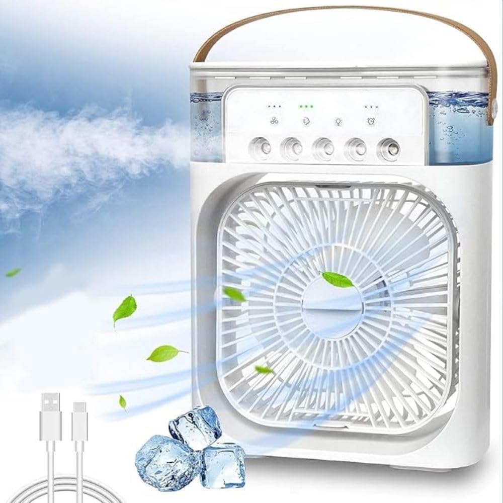 Portable Air Conditioner Fan with Humidifier, 700ml Mini Evaporative Cooler,USB Personal Conditioner with 7 LED Light，AC Cooling Fan for car Home Office Room (White)