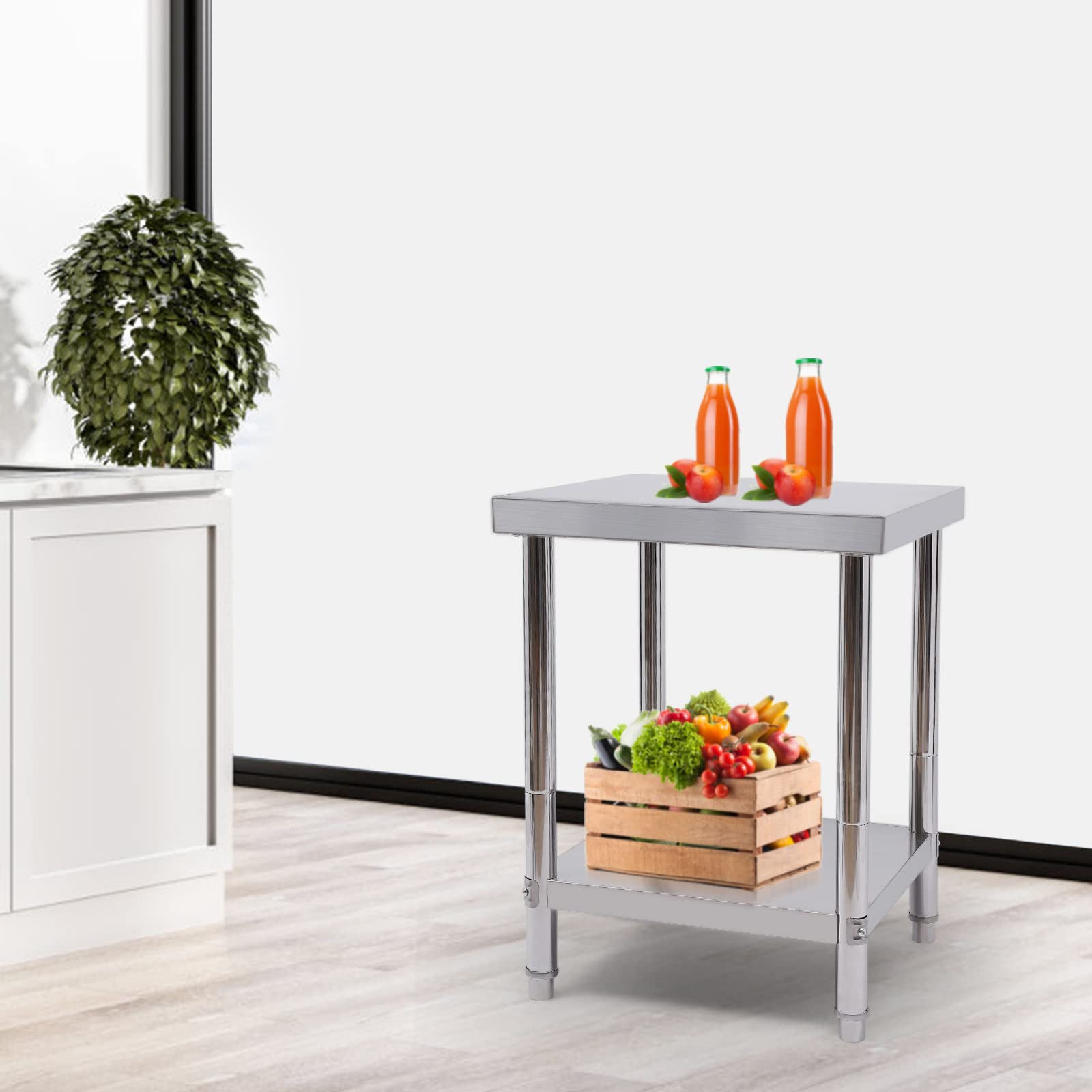 Mesa de trabajo de acero inoxidable, con cantos para cocina, 60 x 60 x 80 cm, resistente, para hotel, panadería, restaurante, procesamiento de alimentos, apto para alimentos, inoxidable