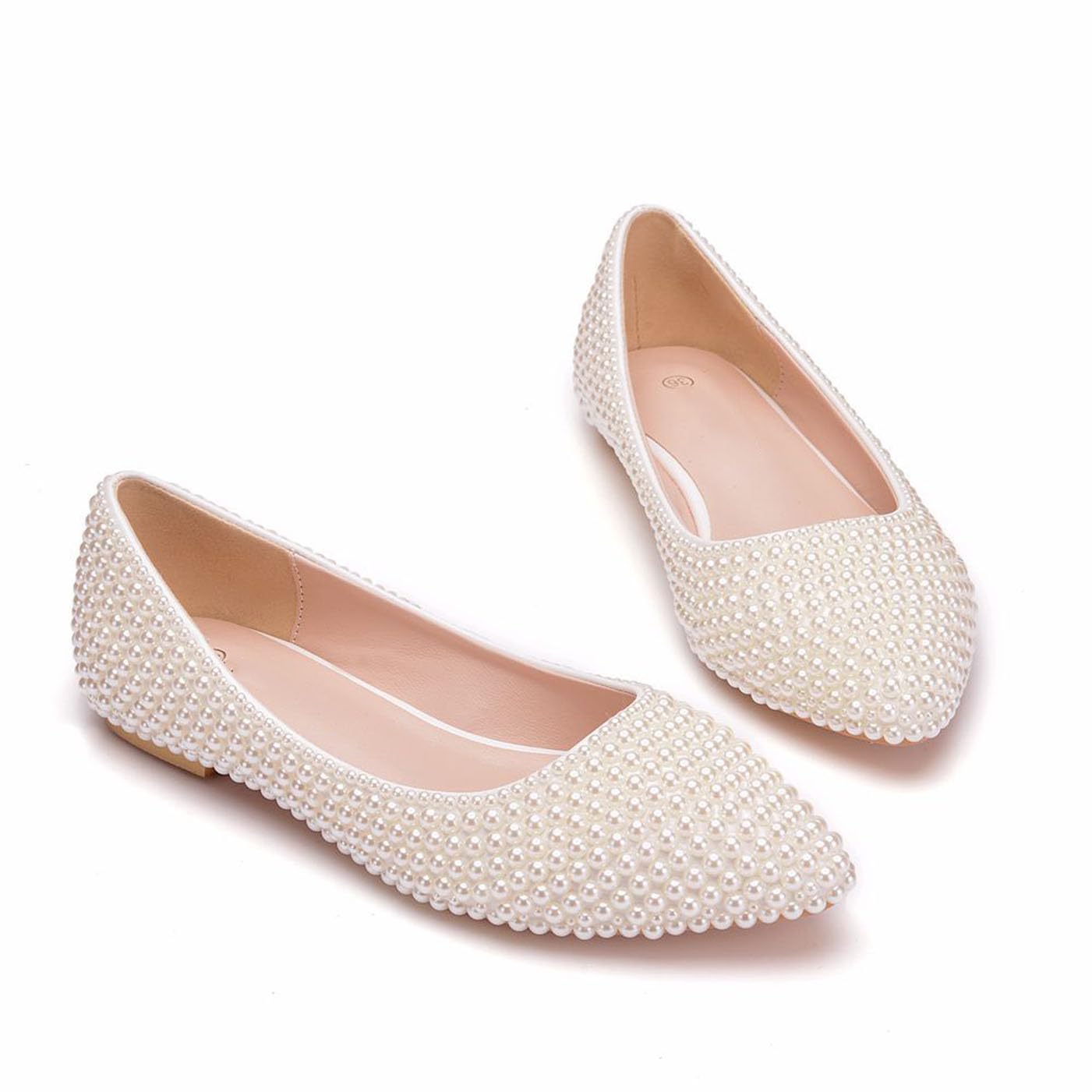 Buty ślubne damskie, eleganckie baletki z perłą, wygodne balerinki ze szpiczastym noskiem,Beige,40