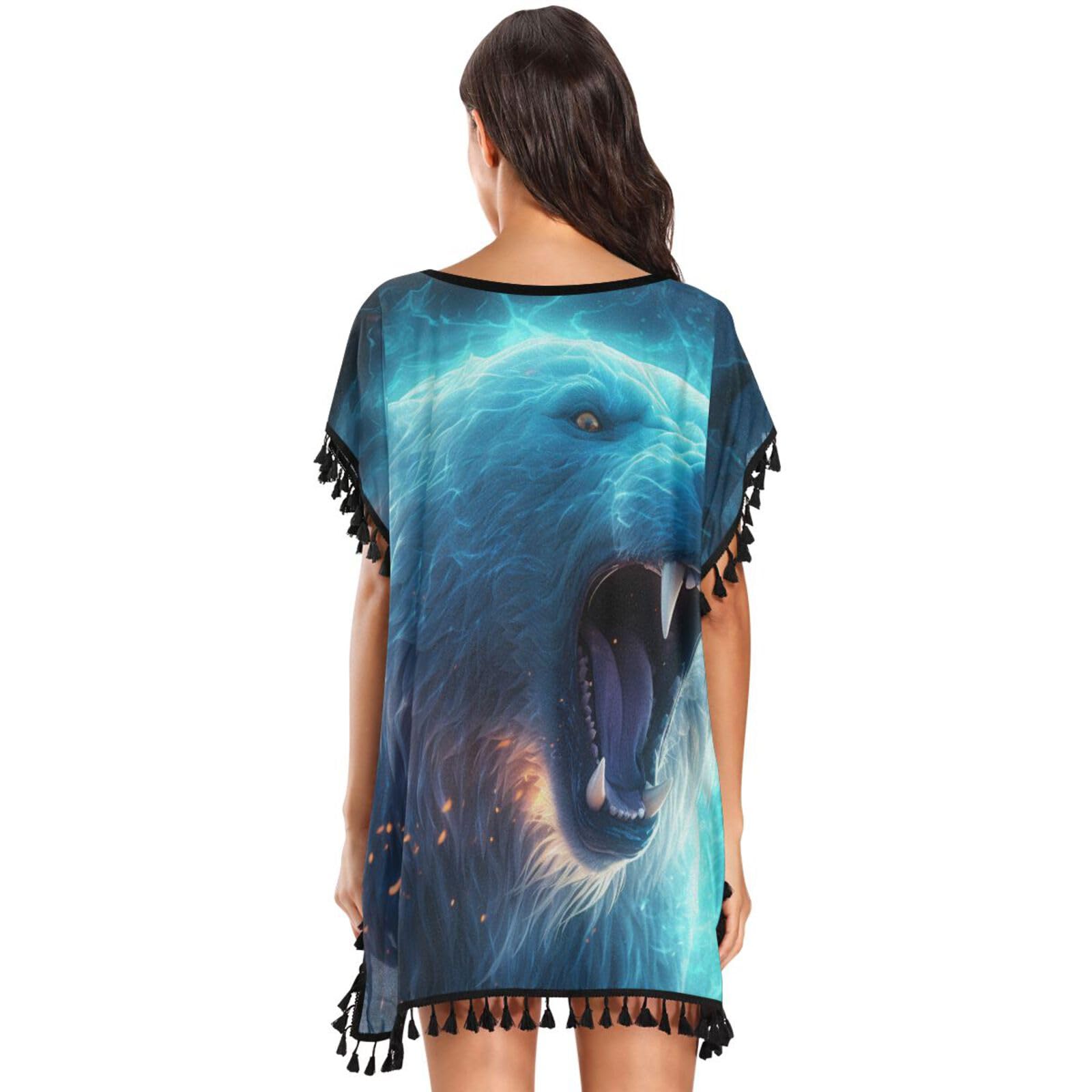 Fired Blue Polar Bear Women's Beach Cover Up Chiffon Tassel Swimwear Swimsuit Coverups for Girl