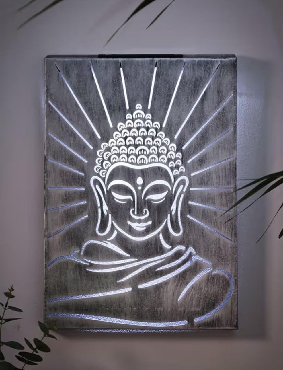 Solar Powered Buddha Metal Wall Panel, Cool White LED, Rechargeable Battery Included, Garden Decor