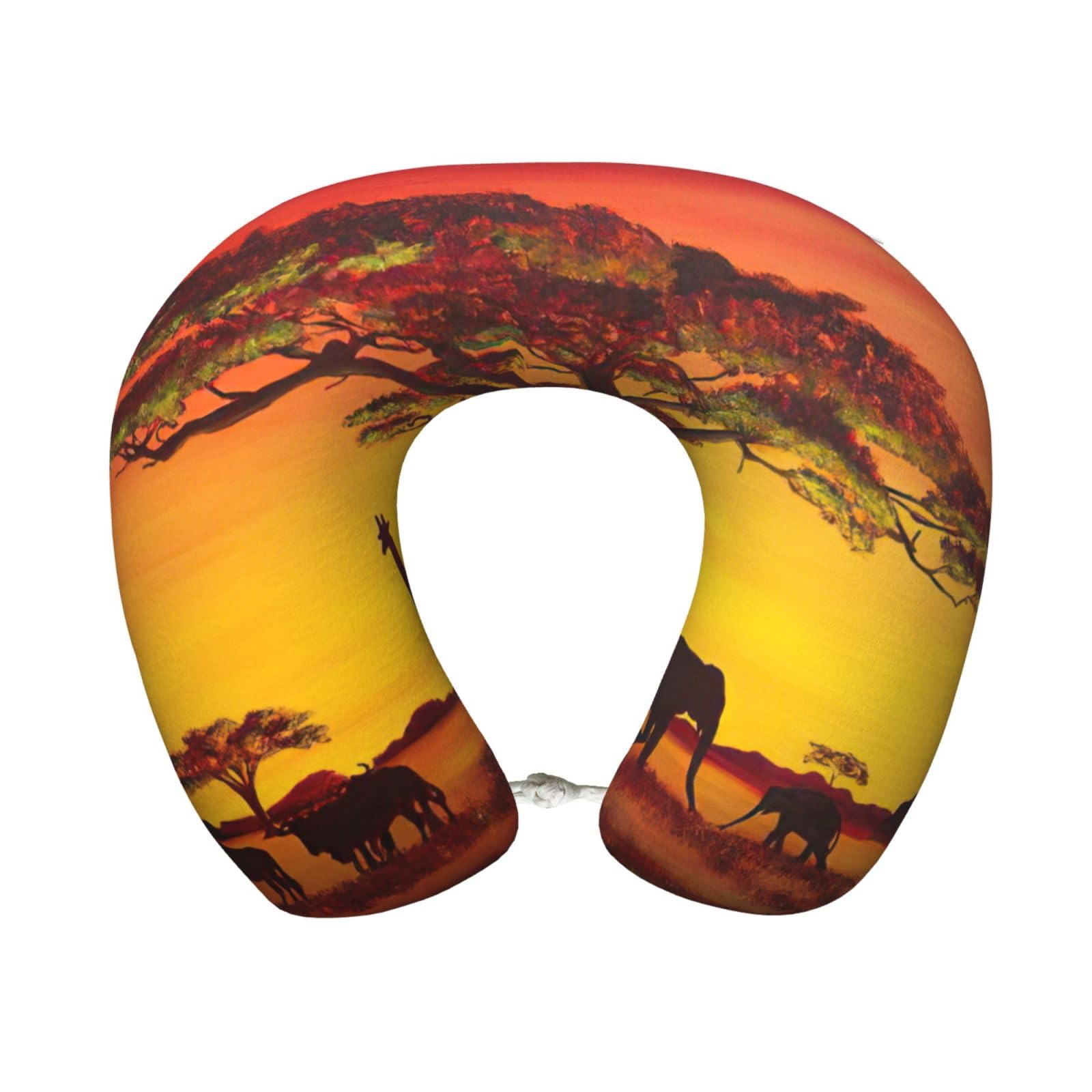ASFgda U-Shape Memory Foam African Animal Sunset Print Travel Pillow,Neck Support,Washable Cover For Airplane Car Home Office