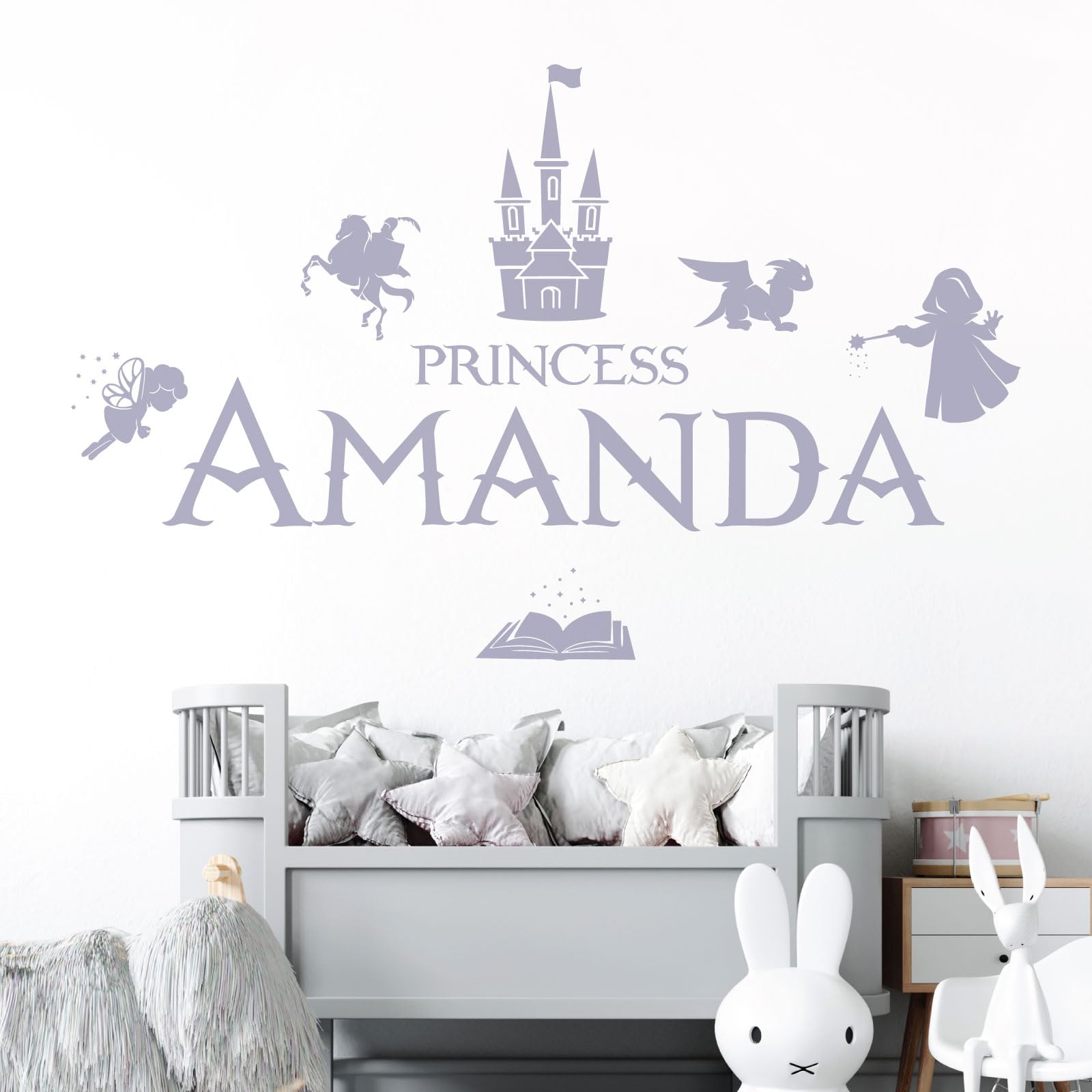 Personalised Name Girls Wall Art Sticker - Princess Castle Dragon Knight Magic Tale Wizard [Large] [Light Grey]