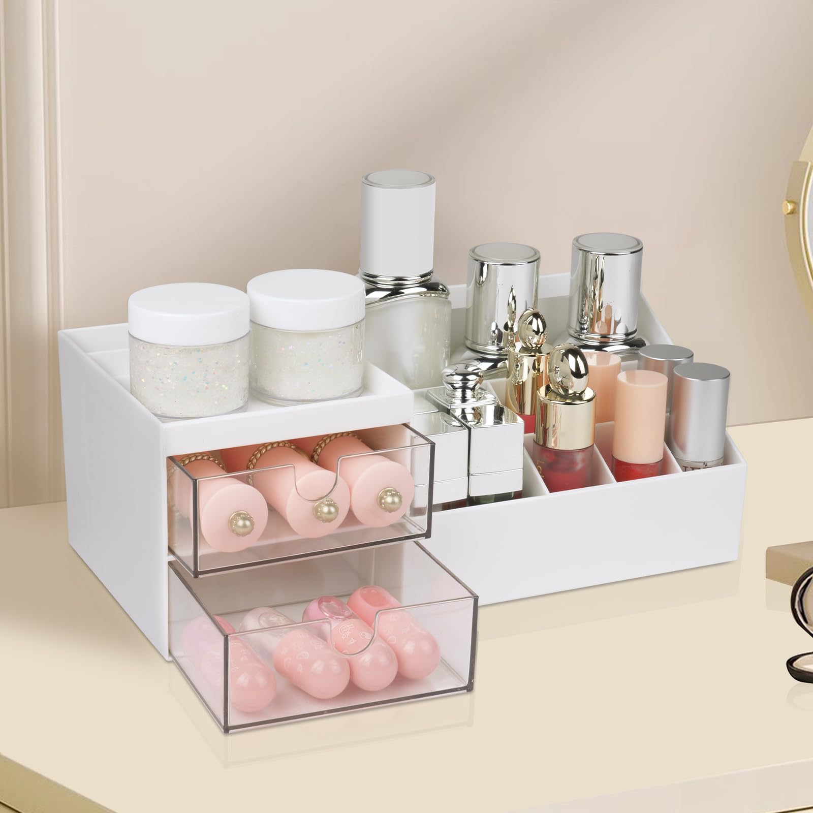 URAQT Porta Trucchi Organizer Con Cassettini e 10 Scomparti Di Diverse Dimensioni, Box Portatrucco Adatto per Gioielli, Spazzole, Rossetto