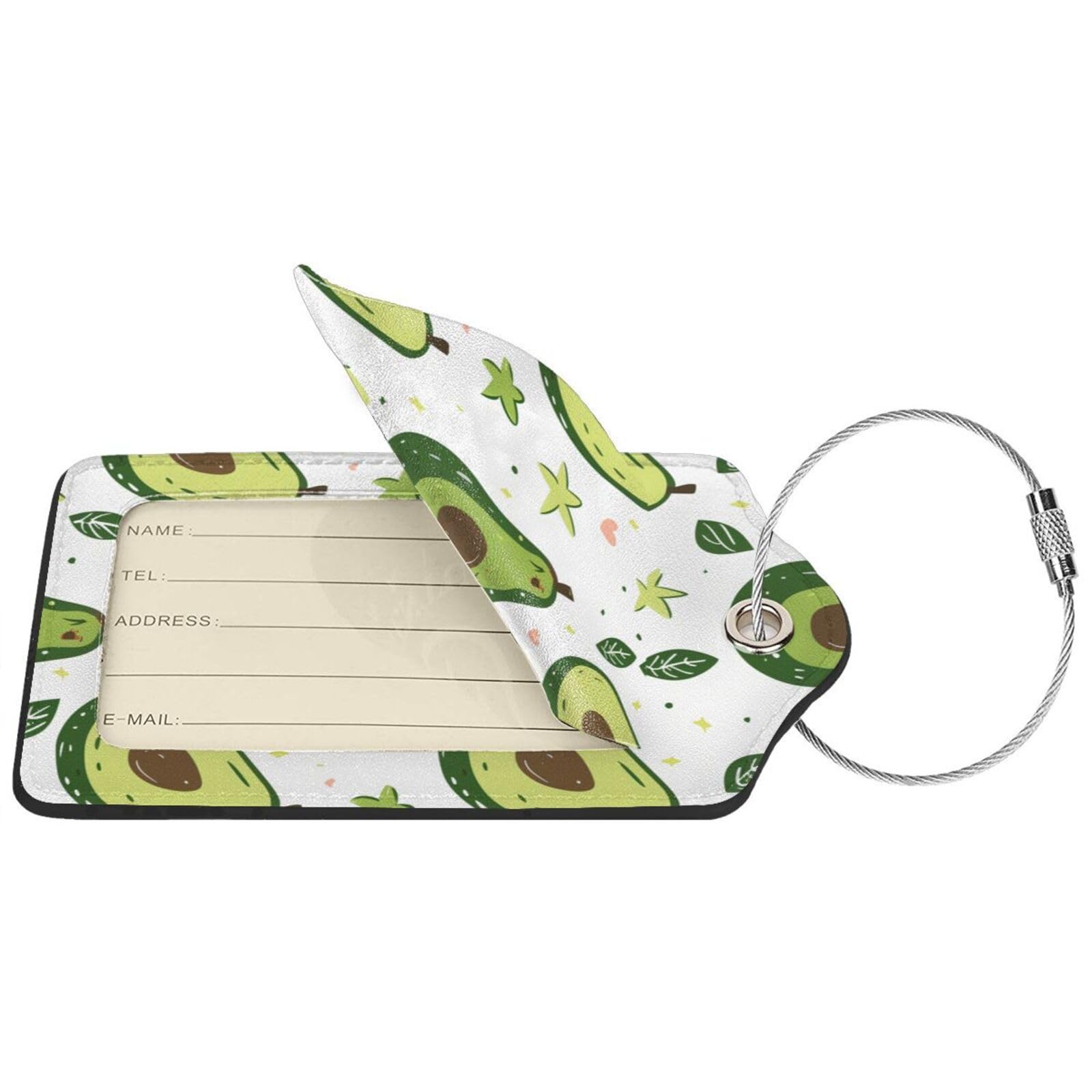 4 etiquetas de equipaje de piel sintética para maleta, estilo rústico, naturaleza, fruta, aguacate, verde, etiqueta de equipaje con bucle de acero inoxidable, etiqueta de identificación de cubierta de
