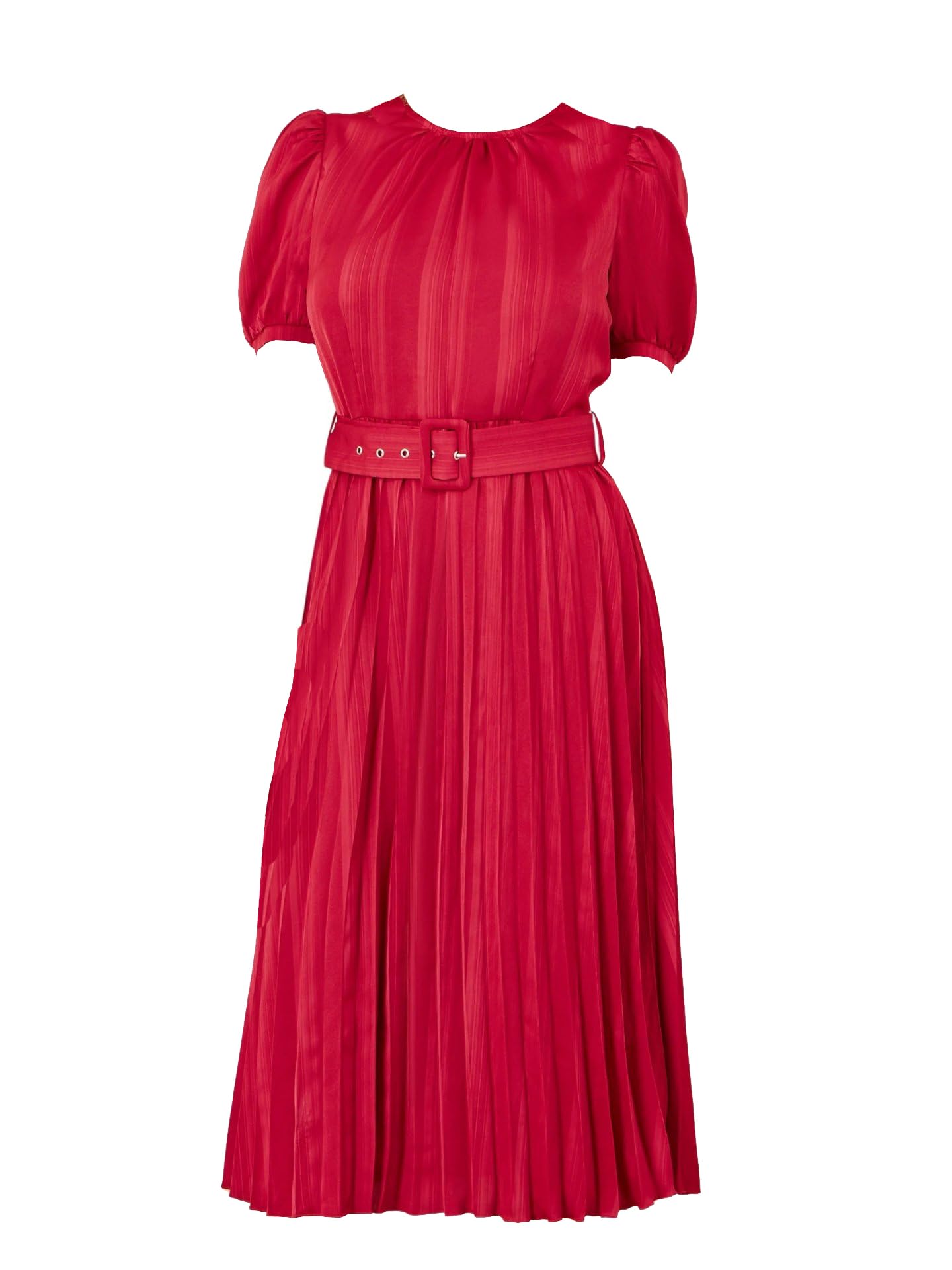 Yumi Red Satin Striped Midi Dress with Pleats and Matching Belt (UK, Numeric, 16, Regular, Regular, Red)