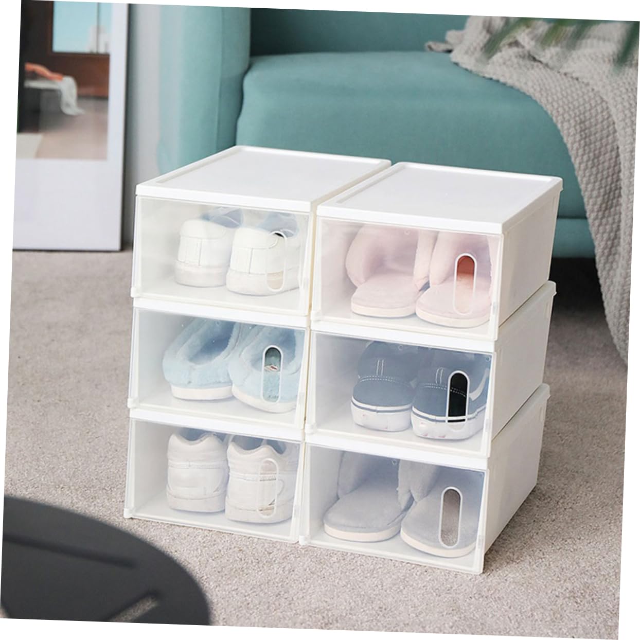 Hohopeti Caja para Almacenamiento de Gran Capacidad para Guardar Zapatos Transparente Ventana Visual de Plástico Blanco 2 Piezas y Diseño Simple
