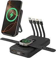Power Bank, Carregador Portátil Universal Por Indução 10.000mAh, Carregamento Rápido, Indicador de Bateria de Led, 4 Cabos Integrados (Lightning, USB-A, USB-C, Micro) (Preto)