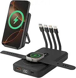 Power Bank, Carregador Portátil Universal Por Indução 10.000mAh, Carregamento Rápido, Indicador de Bateria de Led, 4 Cabos Integrados (Lightning, USB-A, USB-C, Micro) (Preto)