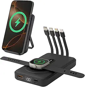 Power Bank, Carregador Portátil Universal Por Indução 10.000mAh, Carregamento Rápido, Indicador de Bateria de Led, 4 Cabos Integrados (Lightning, USB-A, USB-C, Micro) (Preto)