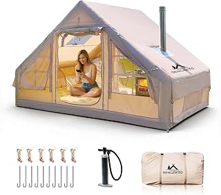 Inflatable Camping Tents 8-10 Person,129 Square Feets Large Inflatable Camping Tent with Stove Jack,Blow up Tent with Mesh Windows & Pump