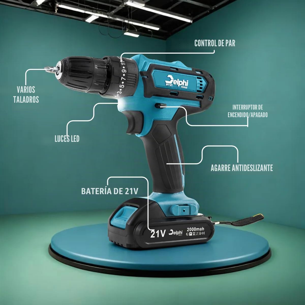 Delphi Atornillador inalámbrico de 21 V 2 baterías 2 Ah 50 Nm 2 marchas 25 niveles de par de torsión, luz LED maletín taladro inalámbrico ideal para proyectos de bricolaje