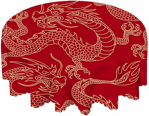 Miniatura 5 de Mantel redondo de dragón chino, diseño de dragones chinos con contornos dorados sobre rojo, para decoración de mesa de comedor, cocina, manteles