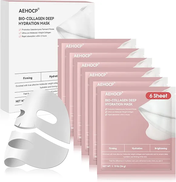 Aehocp Bio-Collagen Face Mask - Korean Skincare, Women's Facial Treatments & Masks, Deep Hydrating Overnight Mask, Firming & Moisturizing, 6-Pack