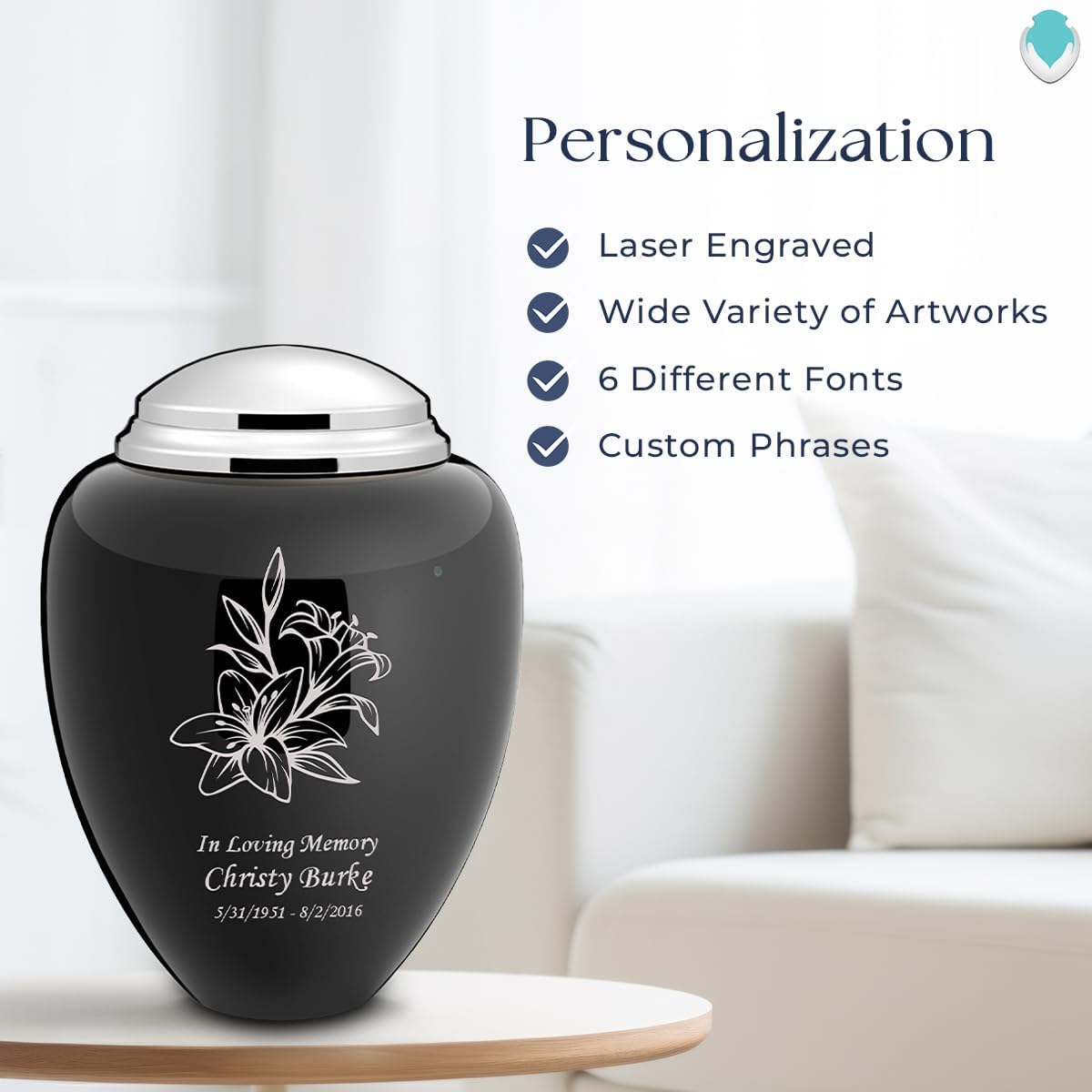 Geturns Tribute Adult Personalized Lily Cremation Urns for Human Ashes I Large Black & Shiny Pewter Funeral Urn for Men and Women I 220 lbs