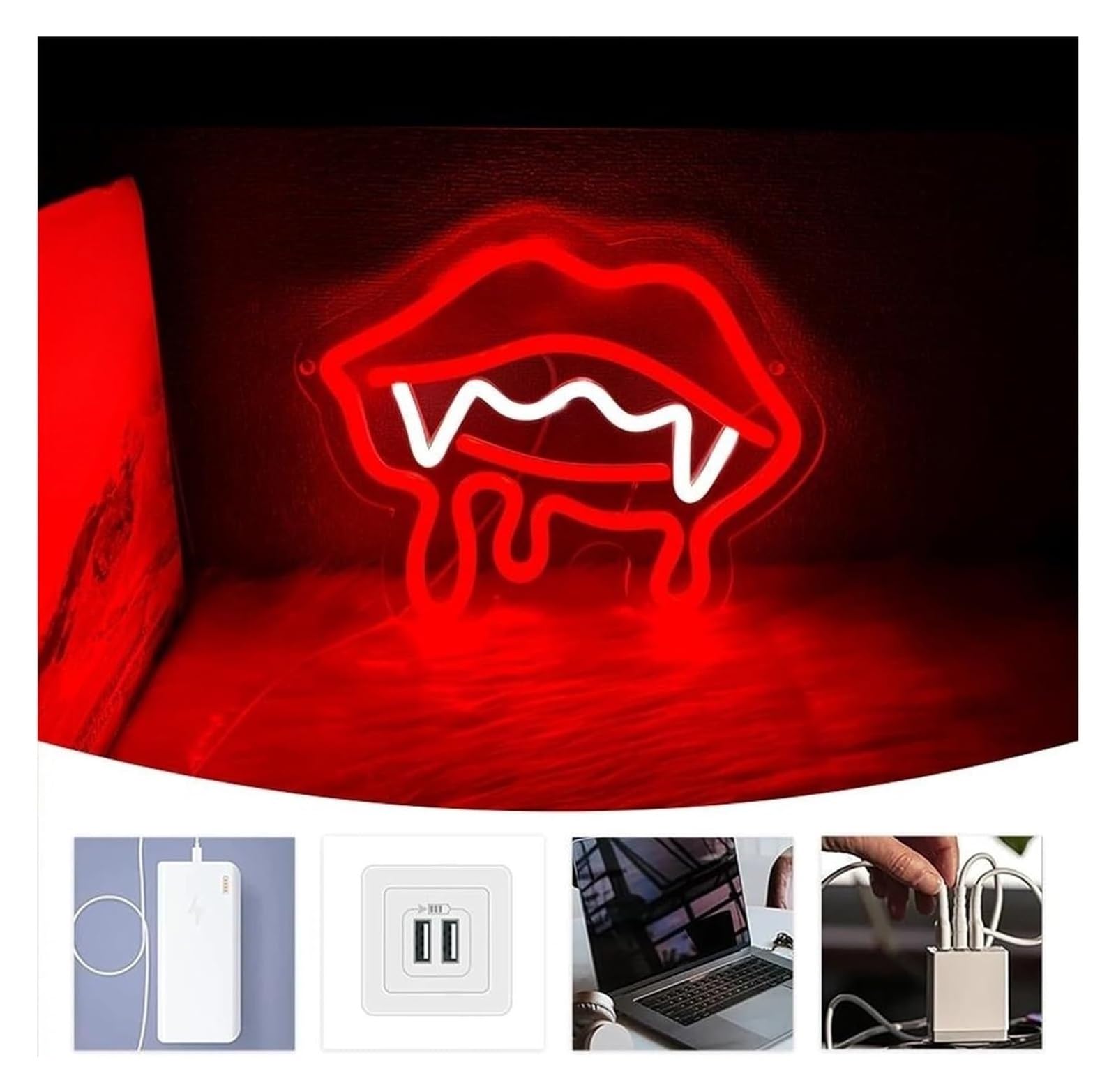 Lámpara de pared con forma dientes para diablo, luz LED neón regulable para salón, 25 cm x 21