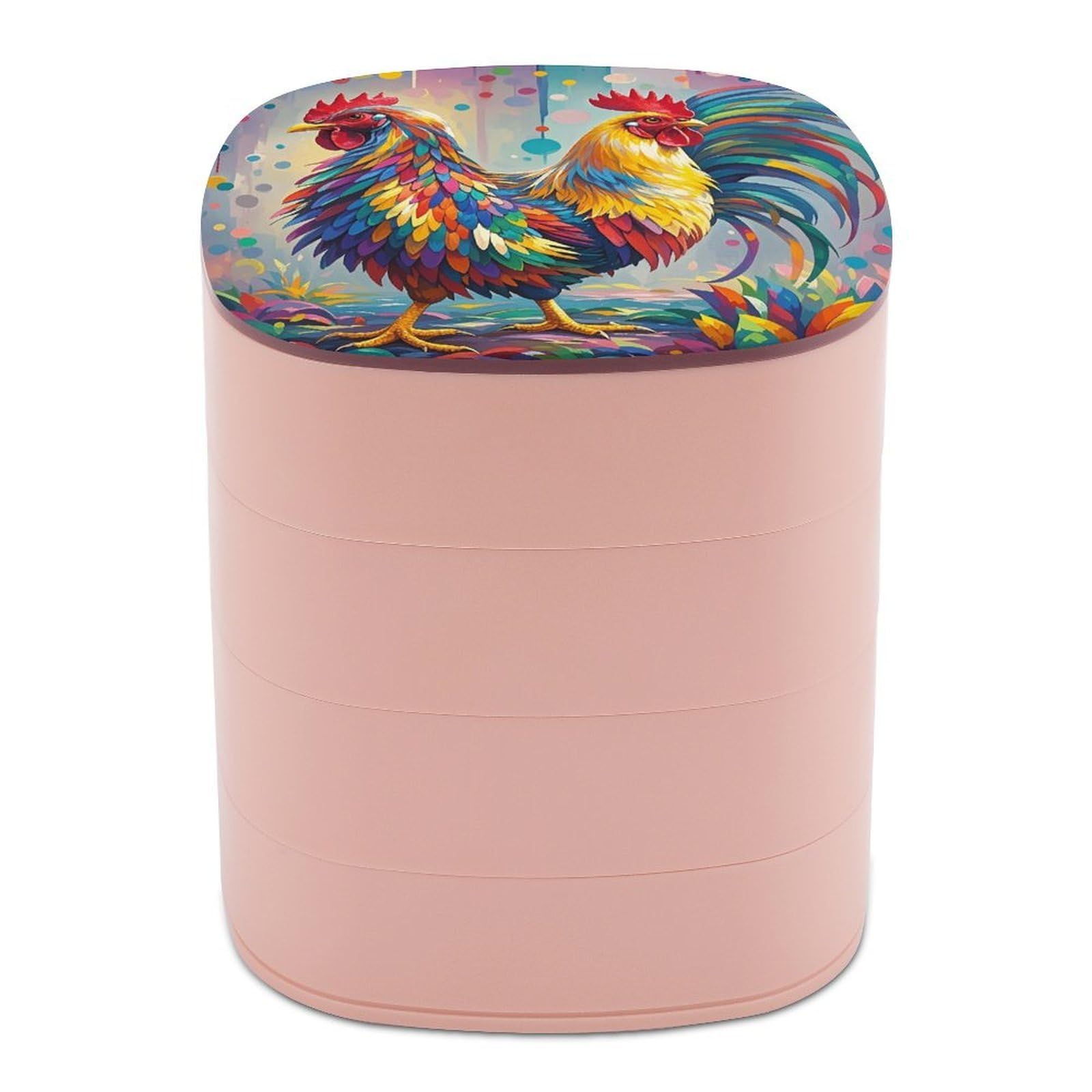 LZQPOEAS Colorful Double Head Chicken Jewelry Box with Mirror 4-Layer Rotating Travel Jewelry Case Small Jewelry Organizer Portable Jewelry Storage Box Rings Stud Necklaces Earring Holder for Women