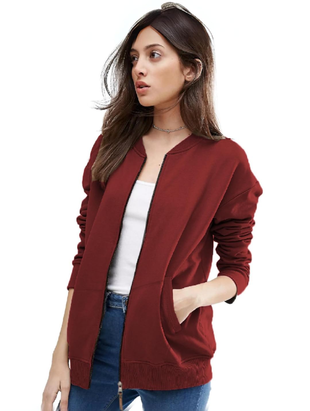 leotude Women Lightweight Solid Maroon Bomber Jacket Material Loopknit-picture-44