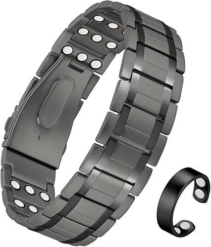 Cigmag 3 pulseras magnéticas para hombre pulsera magnética ultra fuerte cierre plegable pulsera de titanio y anillo de cobre juego de regalo de