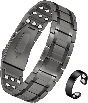 3X Magnetic Bracelets for Men Upgrade Folding Clasp Titanium Bracelet & Copper Ring Adjustable Set with Sizing Tools