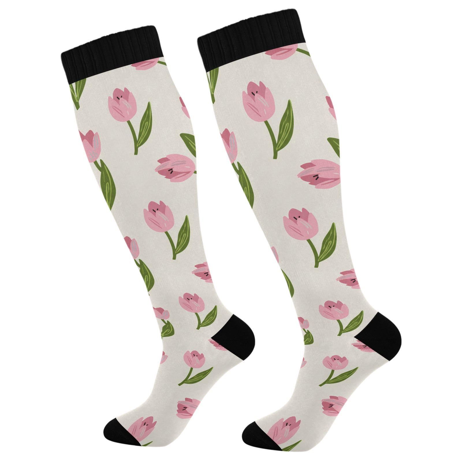 Wassud Tulip Flowers Compression Socks for Women and Men 20-30 mmHg Knee High Socks for Nurses Travel Socks 2 Pair