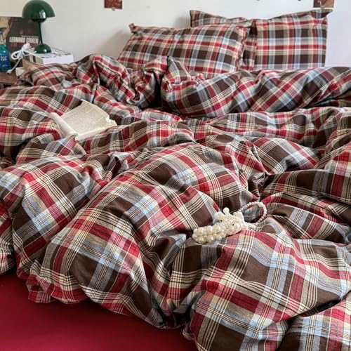 Image of MKXI King Buffalo Plaid Duvet Cover Set 3-Piece, Lightweight Washed Cotton Farmhouse Bedding, Brown Red Blue Plaid Comforter Cover with Zipper Closure