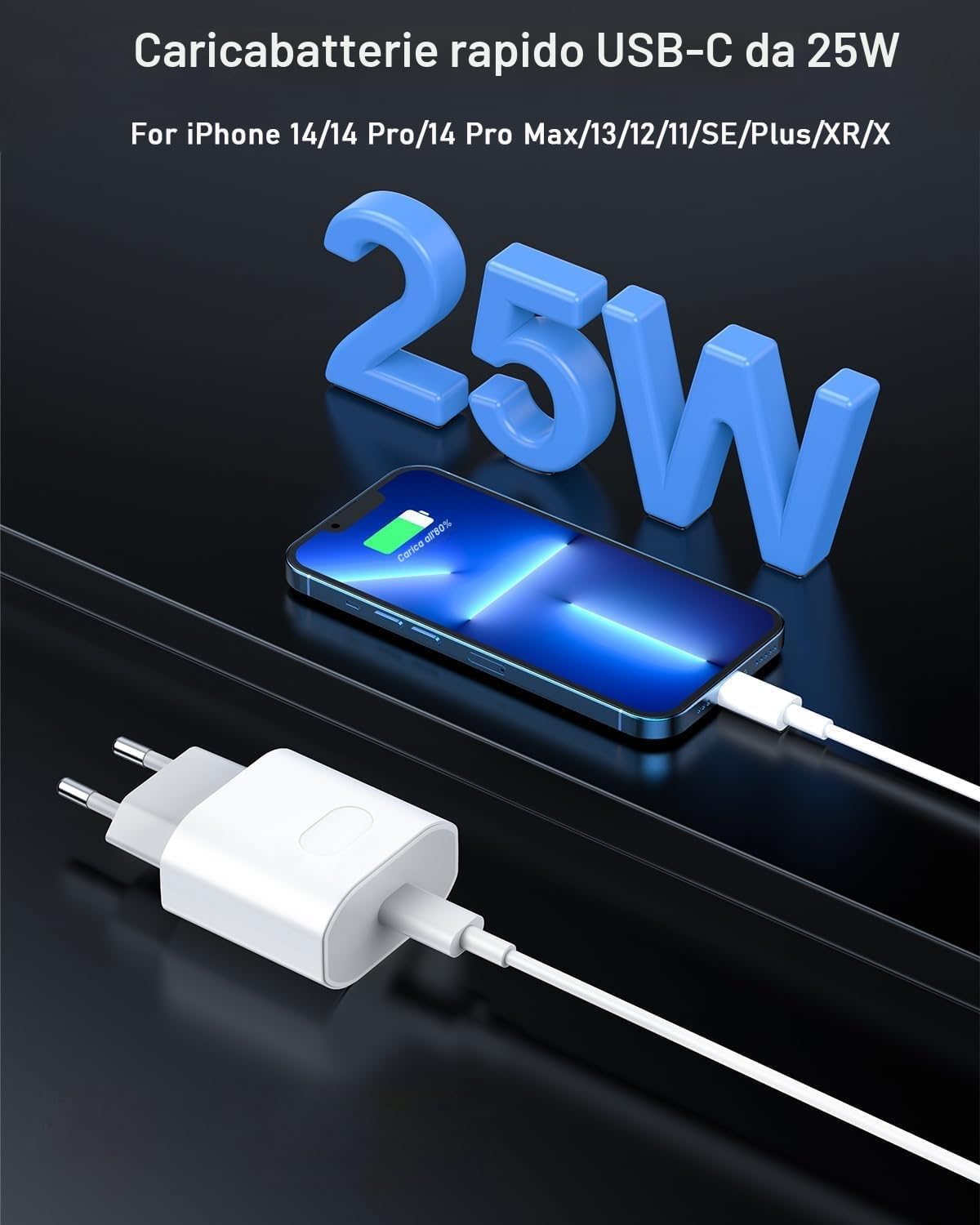 Caricatore for iPhone 14/14 Pro/14 Pro Max/14 Plus/13/12/11/XS/XR/X/SE, 25W USB C Rapido Caricabatterie Spina Adattatore Alimentatore Presa Carica with 2M Cavo