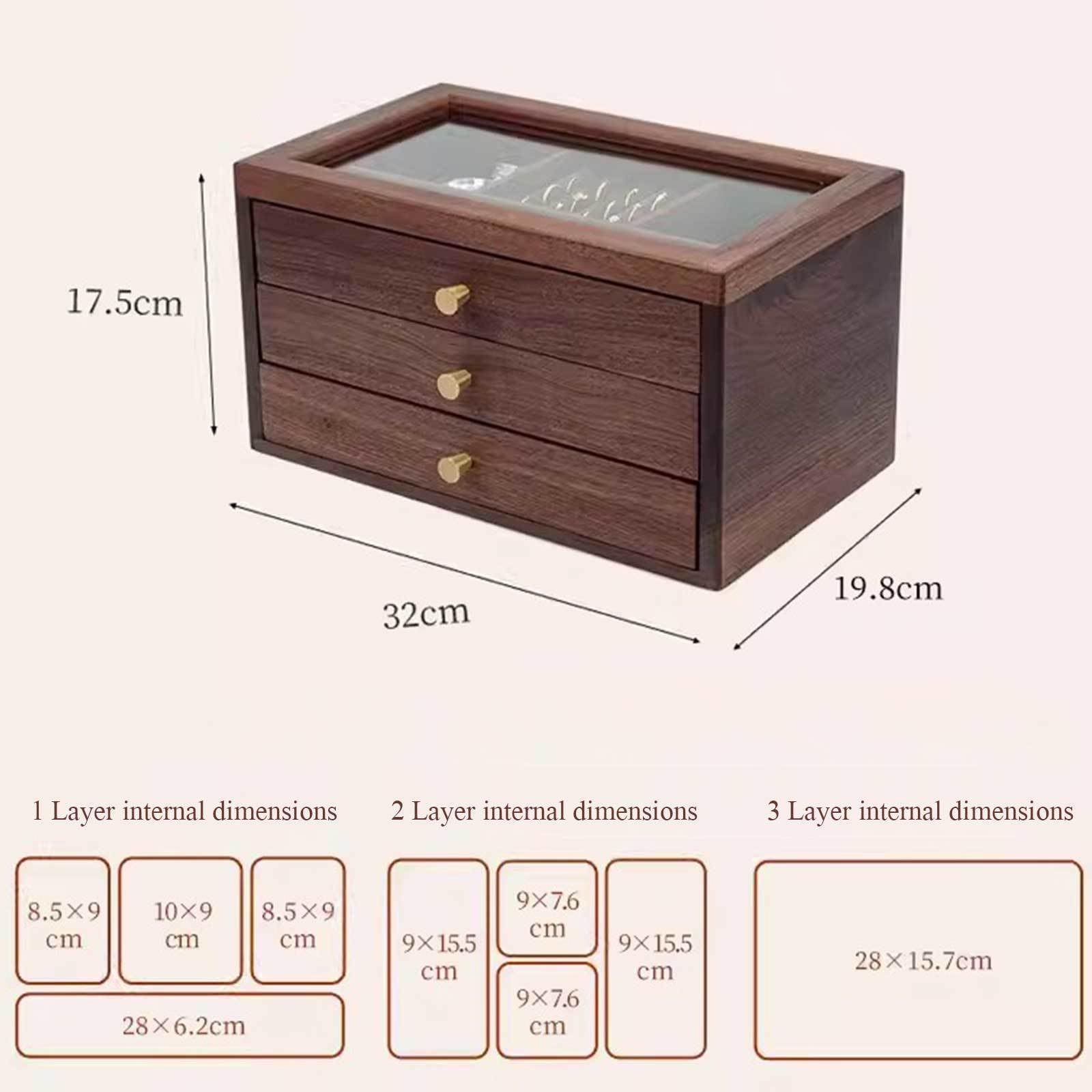 Pudełko na biżuterię, Wooden Jewelry Box With Glass Lid Organizer Drawers Multi-Compartment 3-Layer Walnut Color