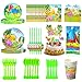 BETOY Fiesta Diseño de Dinosaurio, Vajilla de Dinosaurio Desechable - Set de 110 Piezas de Fiesta Diseño de Dinosaurio, Incluye Pancarta, Platos,Vasos, Cubiertos, Servilletas,Mantel, 10 Personas