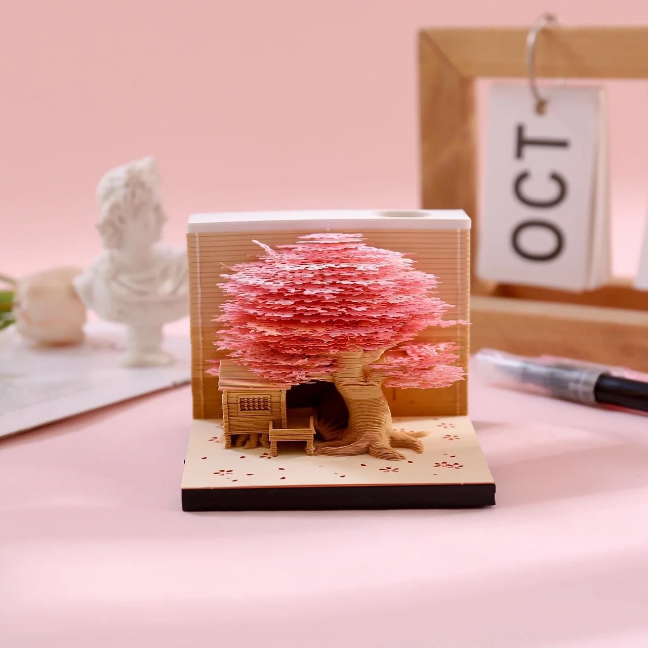 3D Notizblock, nicht verklebt, 3D Baumhaus (Rosa) Papierkunst mit Anzeigebox glasklar, 9 x 9 x 6 cm, 260 Blätter, Tischdeco
