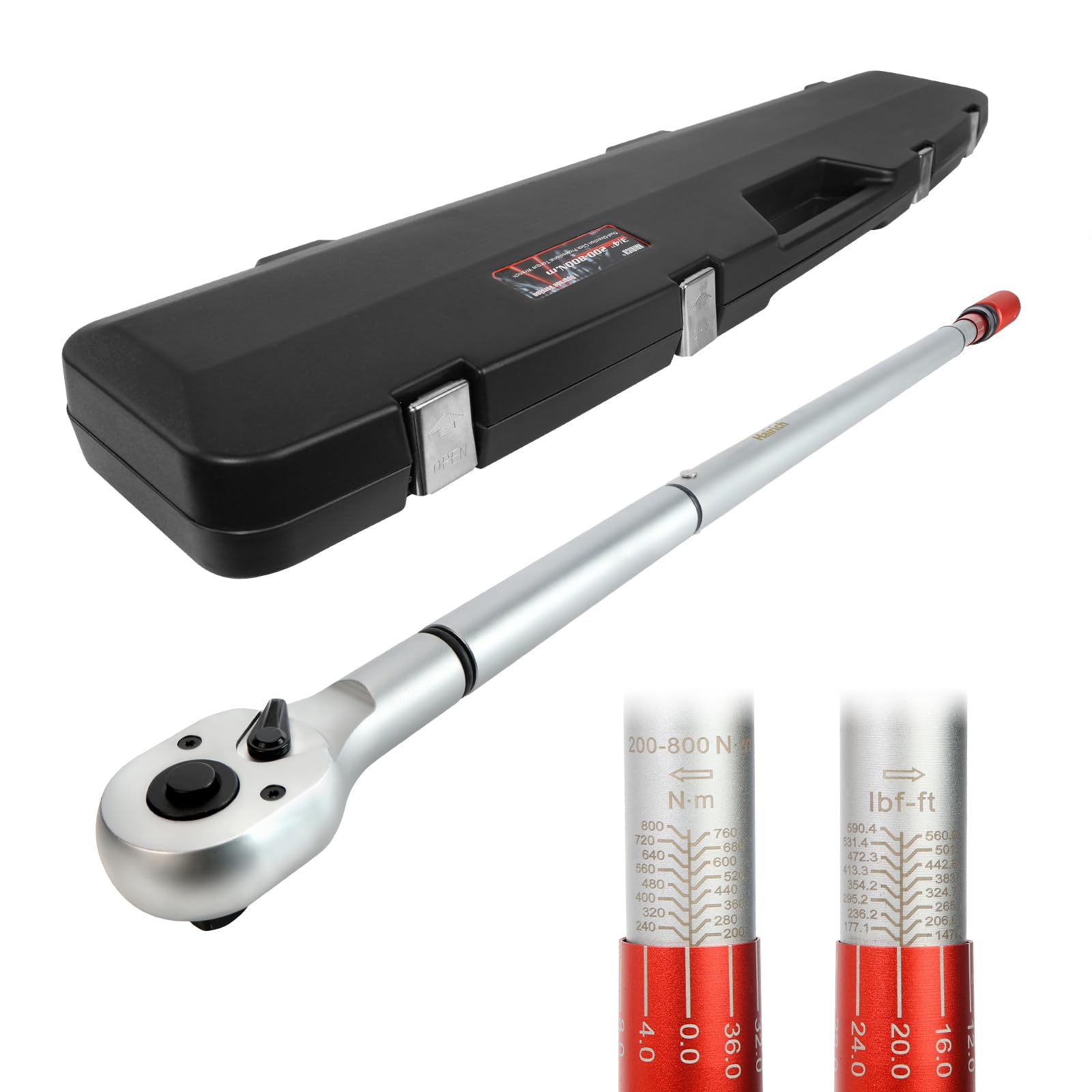 Hairich Chiave dinamometrica 3/4 pollici 200-800 N·m, precisione ±3%, testa a cricchetto a 48 denti, scatola di immagazzinaggio portatile, Torque Wrench per auto, camion e trattore