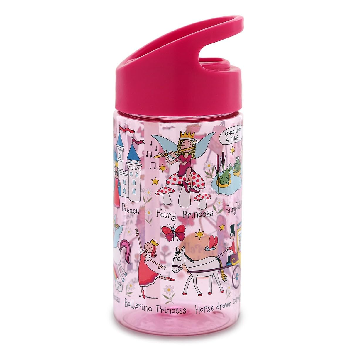 Tyrrell Katz Kids Princess Printed Flip Top Drinking Bottle in Pink with Straw - Dishwasher Safe Lightweight Girls School Water Flask - 400 ml — image 1