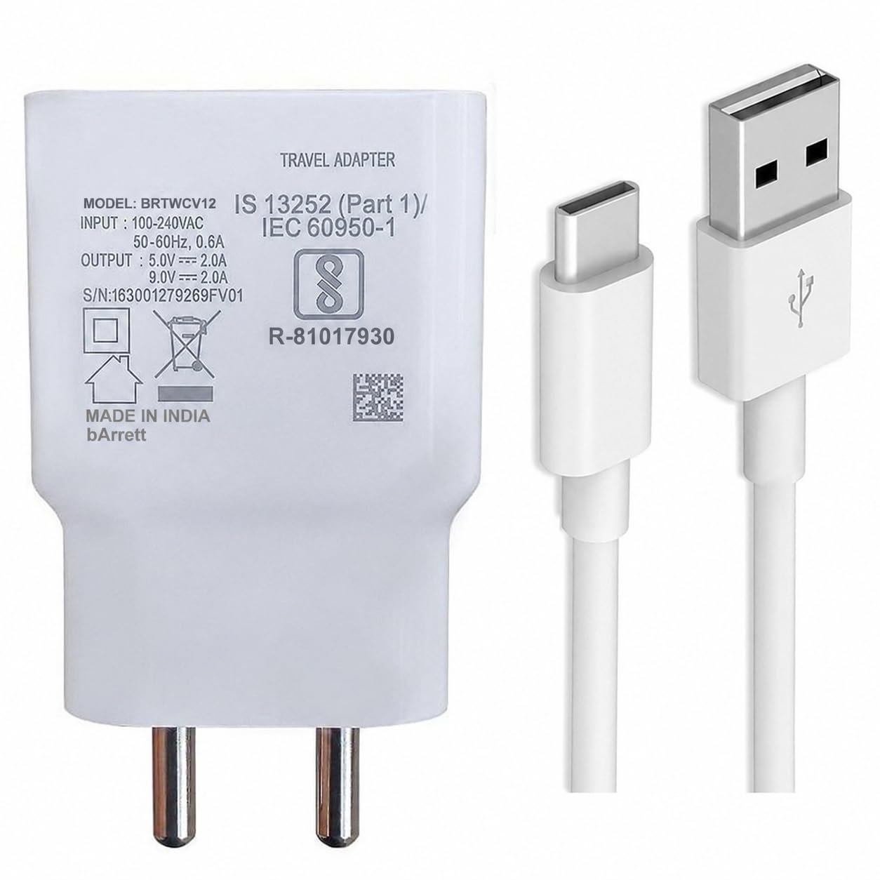 Fast Type C Charger Compatible for Samsung Galaxy A30/ A31 / A41/ A50 / A51 / M11/ M12 / M21 / S8 Adaptive Fast Charging with 1 Meter Tyep -C Charging Sync Data Cable (2.4 Amp White)-image-1