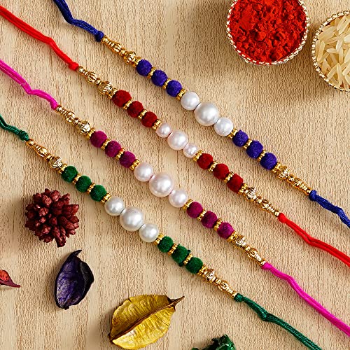 Image of eCraftIndia Multicolor Set of 4 Radha Krishna Playing Flute, Peacock, Krishna Flute, Peacock Feather Designer Religious Rakhis with Roli Chawal Pack