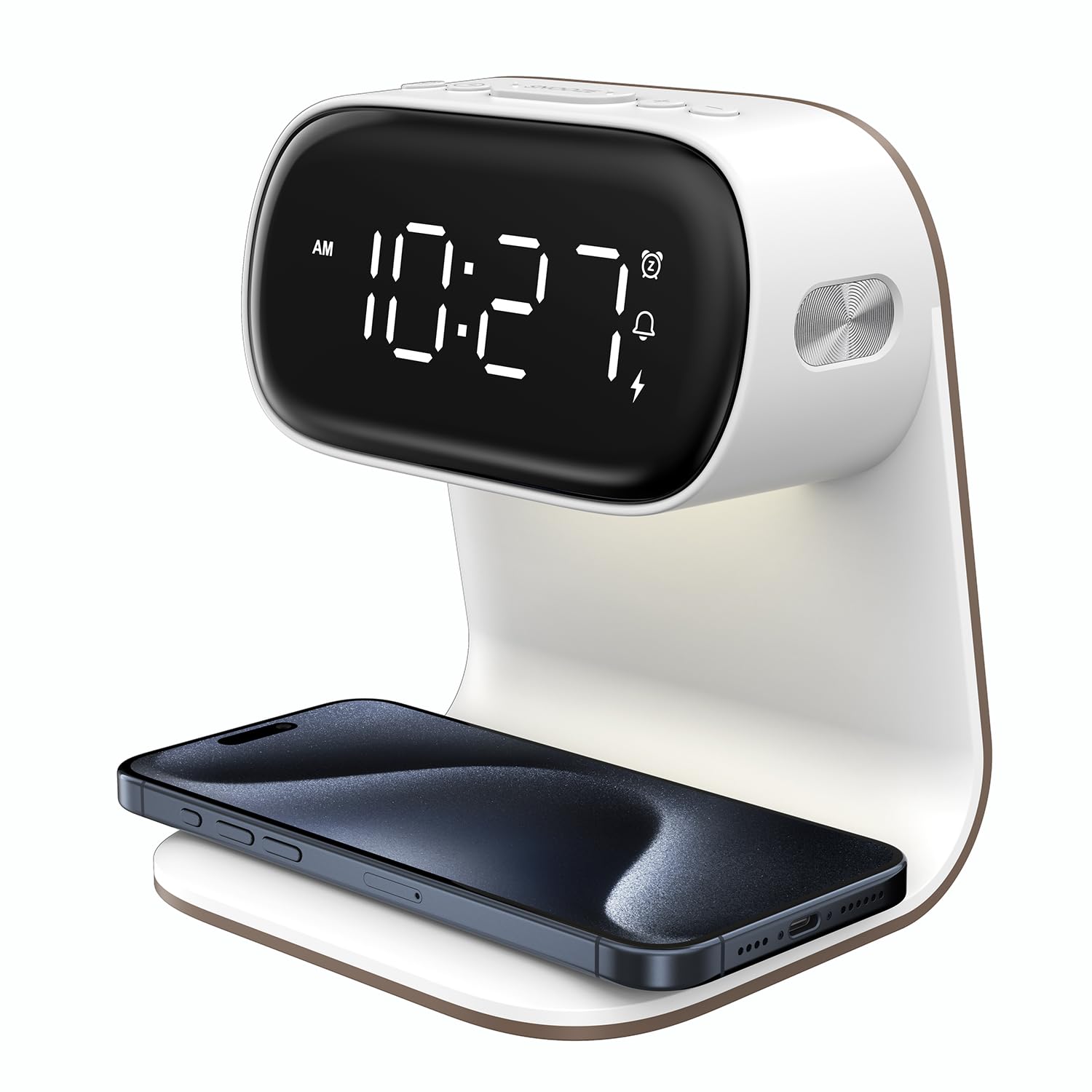 Topchances LED Table Lamp with Wireless Charging, Dimmable Night Light, Alarm Clock and Adjustable Function, Modern White ABS Bedroom Light, Energy-Saving Timer Function