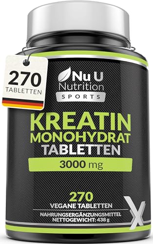 Kreatin Monohydrat Tabletten 3000mg - 270 Vegane Tabletten - 3 Monats-Vorrat - Pre Workout Energie-Ergänzung für Männer & Frauen - Pulver & Kapseln Alternative - Nu U Nutrition Sports