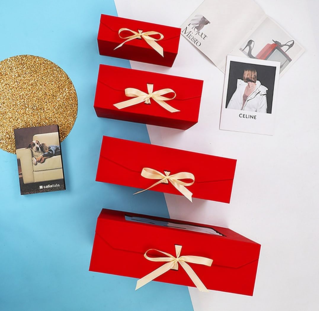 PLINJOY 3 scatole regalo extra large rosse per regali con nastro, 48 x 40 x 15 cm, scatola regalo trasparente con finestra e chiusura magnetica, scatole regalo con coperchio