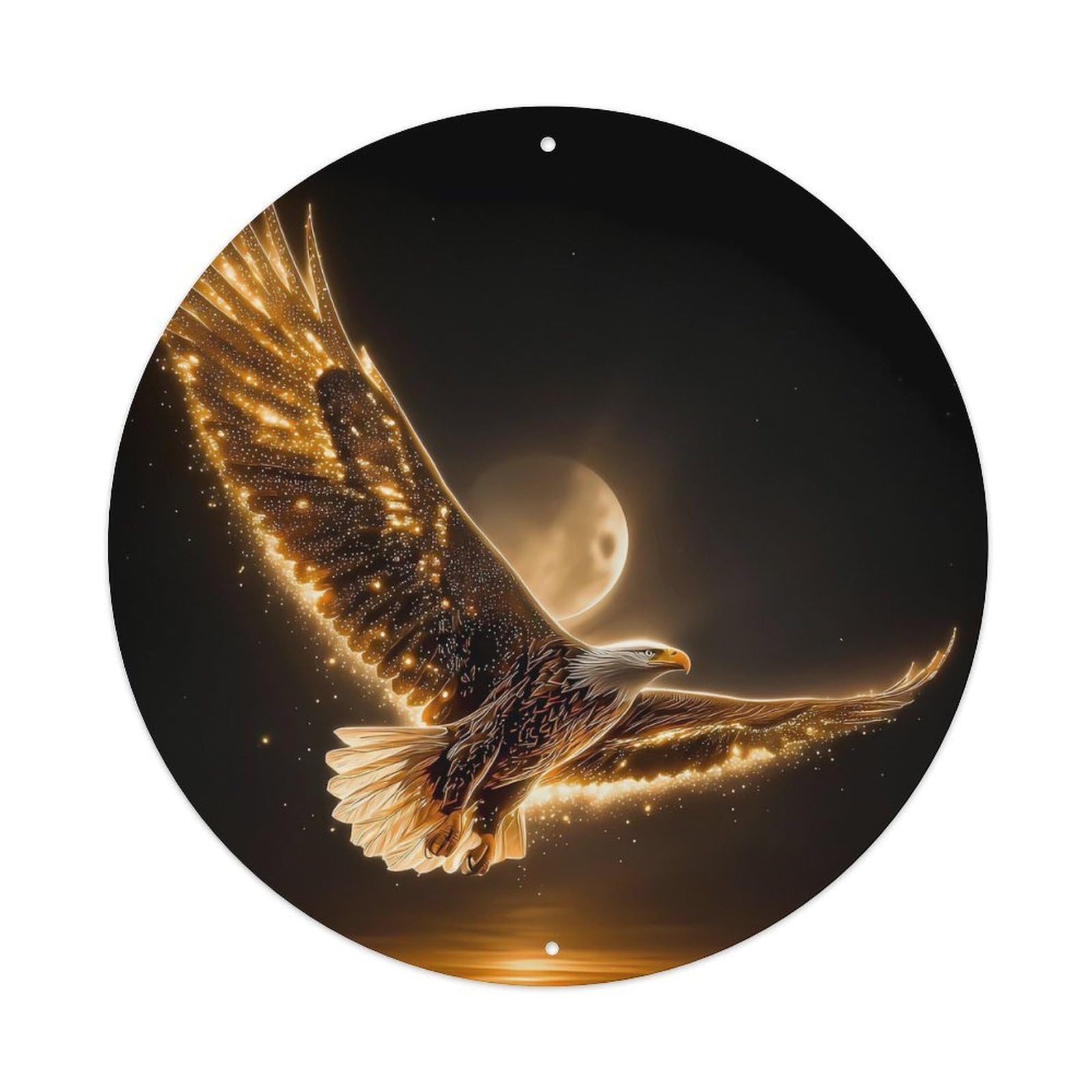 Animal Poster Bald Eagle Night Coast Full Moon Glowing Golden Ocean Vintage Metal Tin Sign Plaque Wall Decor for Cafe, Club Bar, Office, Garden Metal Poster 8x8Inch