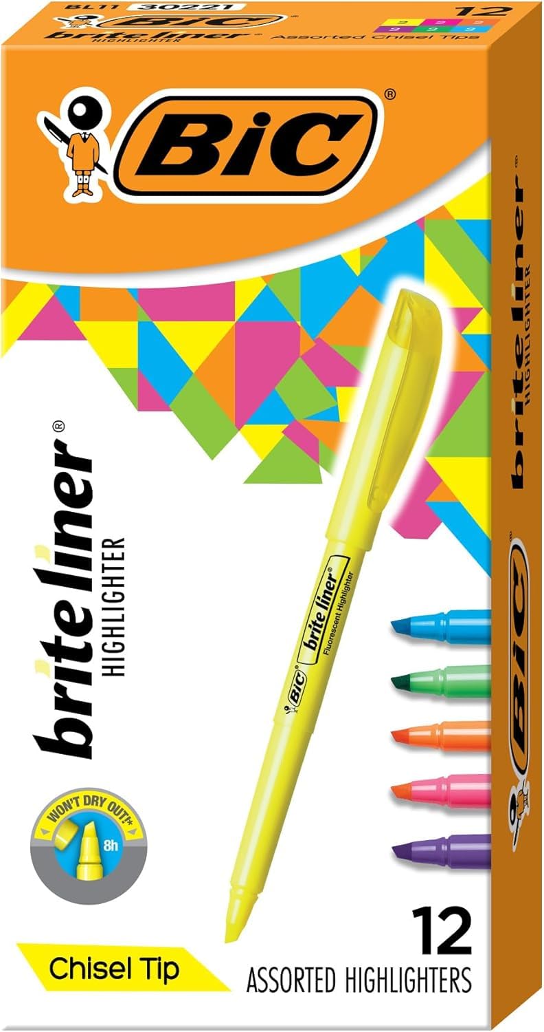 BIC Brite Liner Highlighters, Chisel Tip, 12-Count Pack, Assorted Colors