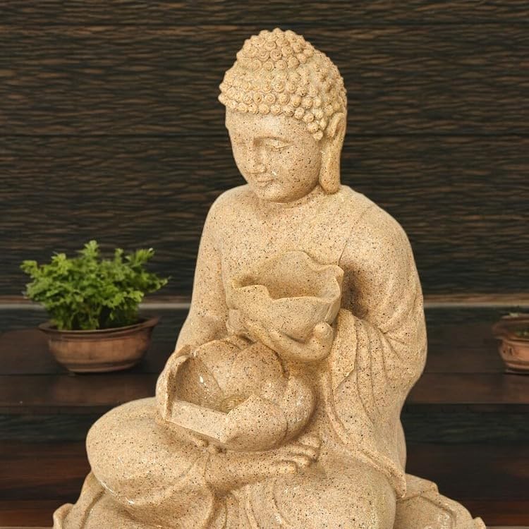 Swadeshi Decors Resin, Fibreglass 3 Feet New Zen Big Buddha Water Fountain|Double Bowl    Buddha Fountain with LED Lighting|Outdoor/Garden/Home & Office Decor|Modern Water Fountain (Beige 01) - Image 2 thumbnail