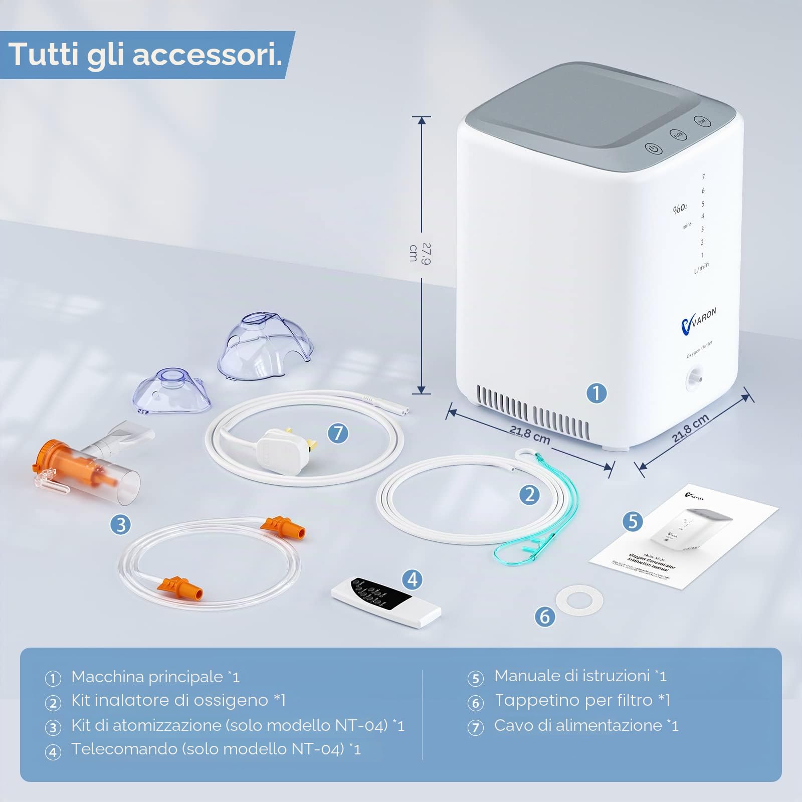 Concentratore di ossigeno regolabile 1-7 l/min ossigeno macchina ossigeno 30%-90% purezza, ossigeno per uso domestico, accessorio completo per emergenza