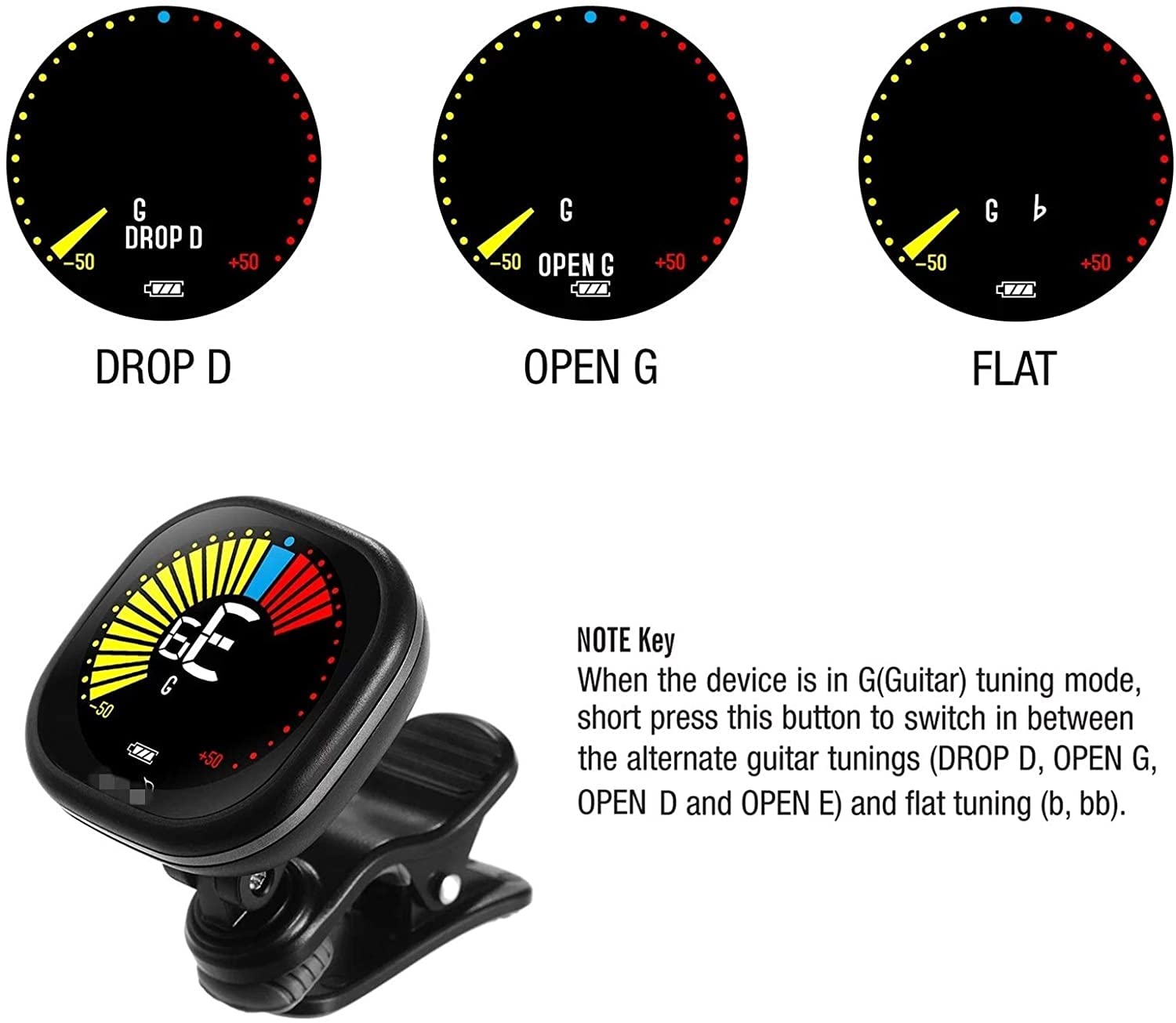 Tuner gitarowy Rechargeable Clip-On Guitar Tuner LCD Kolor Wyświetlacz Clip-On Tuner Odpowiedni dla wielu instrumentów