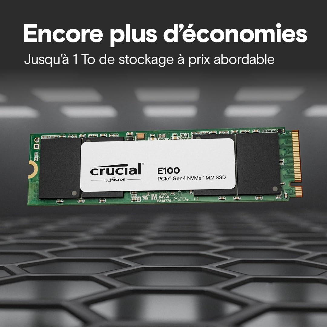 Crucial E100 1To PCIe Gen4 NVMe M.2 SSD Interne, Jusqu’à 5000 Mo/s, Compatible avec Ordinateur Portable et de Bureau - CT1000E100SSD8