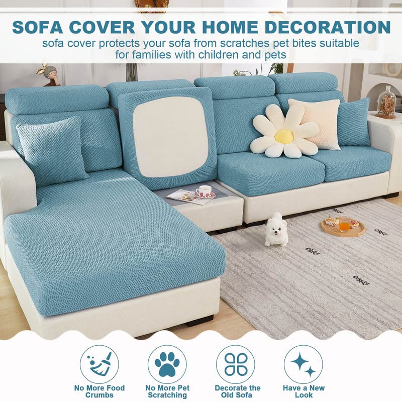 Sofa Seat Cushion Cover - Stretch Sofa Cover Universal Elastic Sofa Seat Cover Non-Slip Sofa Cover Protective Cover for Sofa Cushion L Shaped Chaise Longue Furniture Protection (Light Blue Weaves) - Image 2