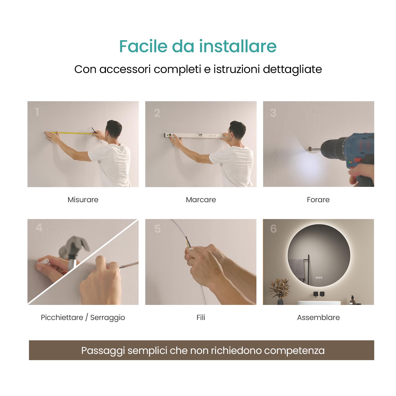 EMKE Specchio da Bagno Rotondo 80 cm con Luce a 3 Colori e Dimmerazione