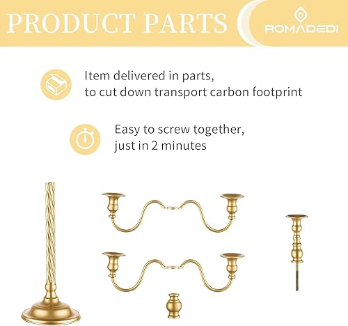 Miniatura 8 de Romadedi Candelabro Dorado Portavelas Soporte de Vela de 21 Pulgadas de Alto con 5 Ramas para Centro de Mesa de Boda, Decoración de Fiestas de