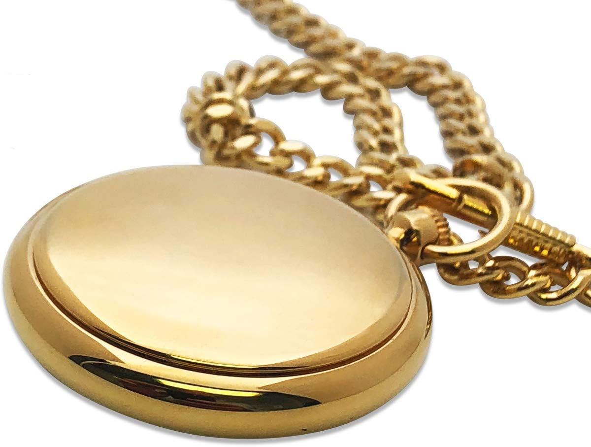 Peugeot Men's 14Kt Gold Plated Vintage Moonphase Pocket Watch with Chain, 40mm Open Face, Engravable with Easy to Read Roman Numbers